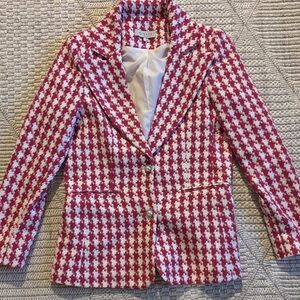 Wayf Pink and White Houndstooth Tweed Blazer